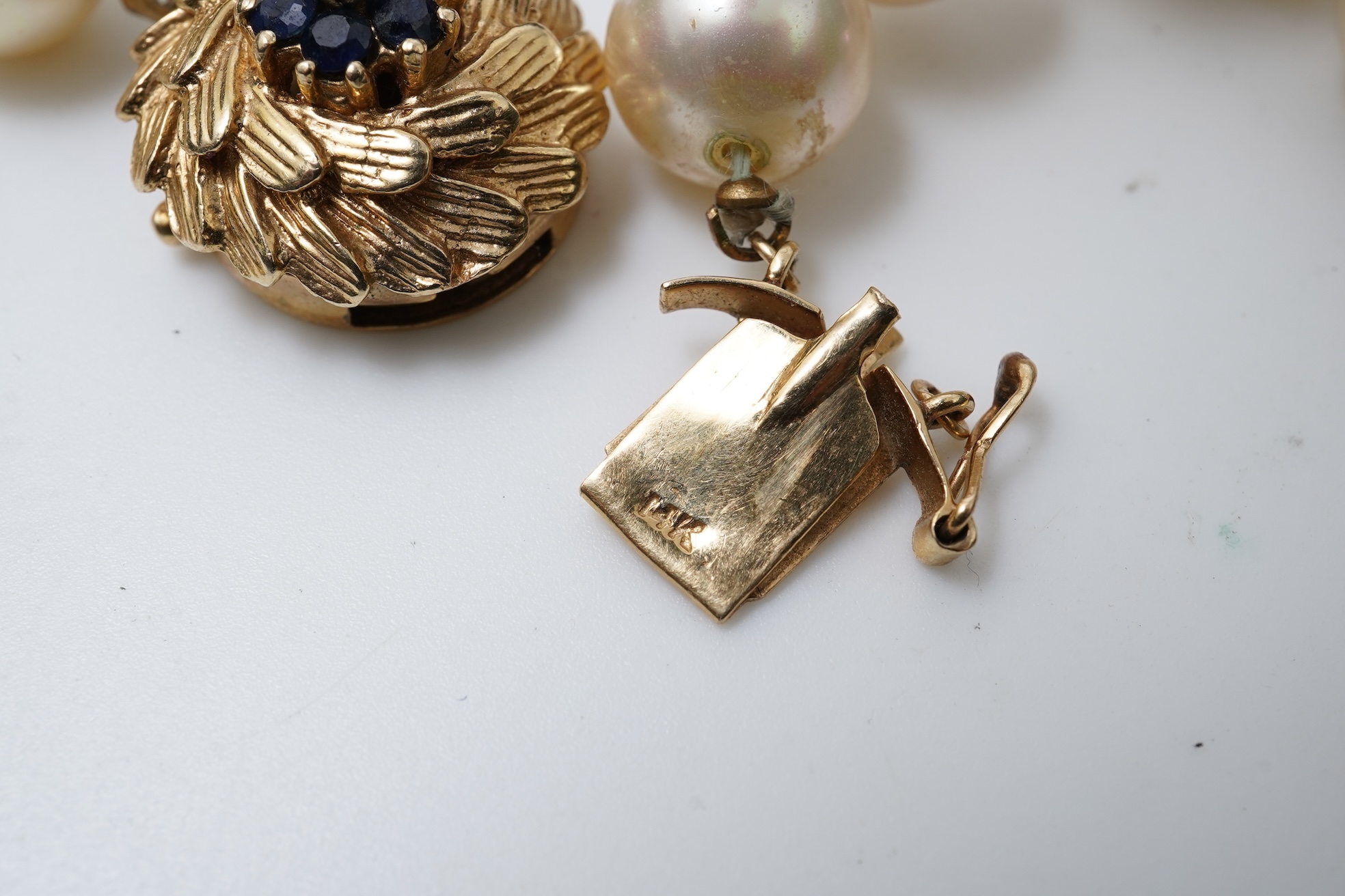 A simulant pearl, gold and sapphire necklace, 1960s